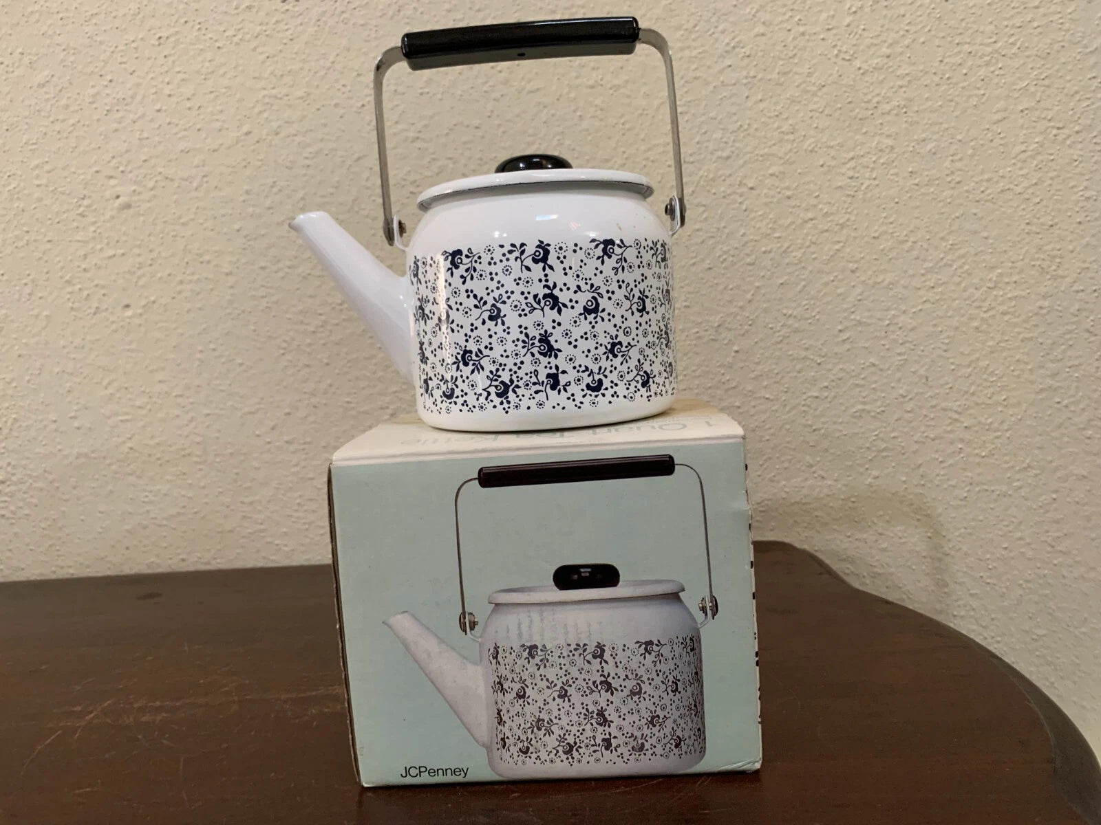 Vintage Porcelain Enamel On Steel Teakettle 1qt Floral White Blue JC Penny Japan | eBay