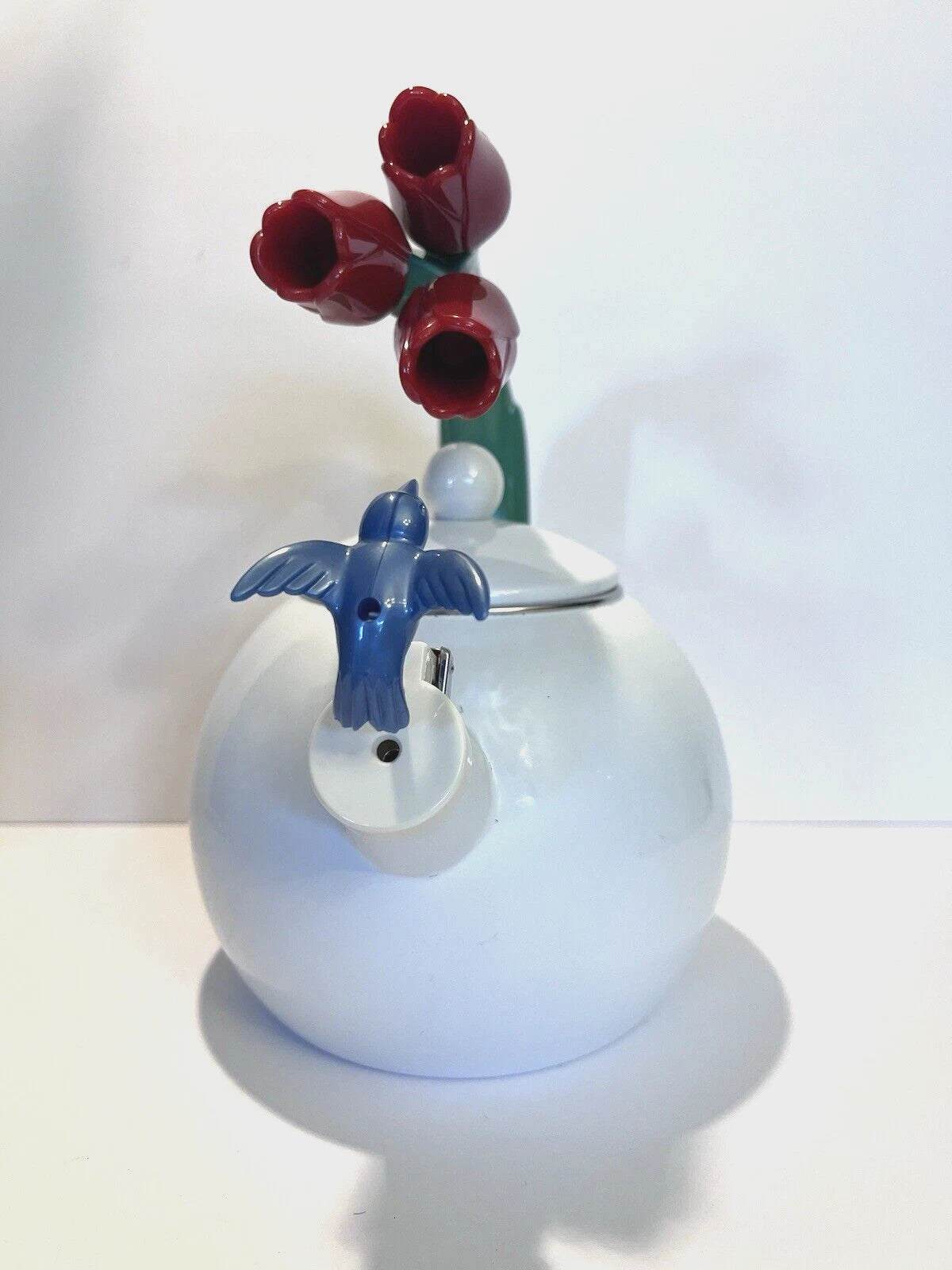 Ancona Hummingbird Tea Kettle Pot White Enamel Red Tulips Whistling Vintage 90s | eBay