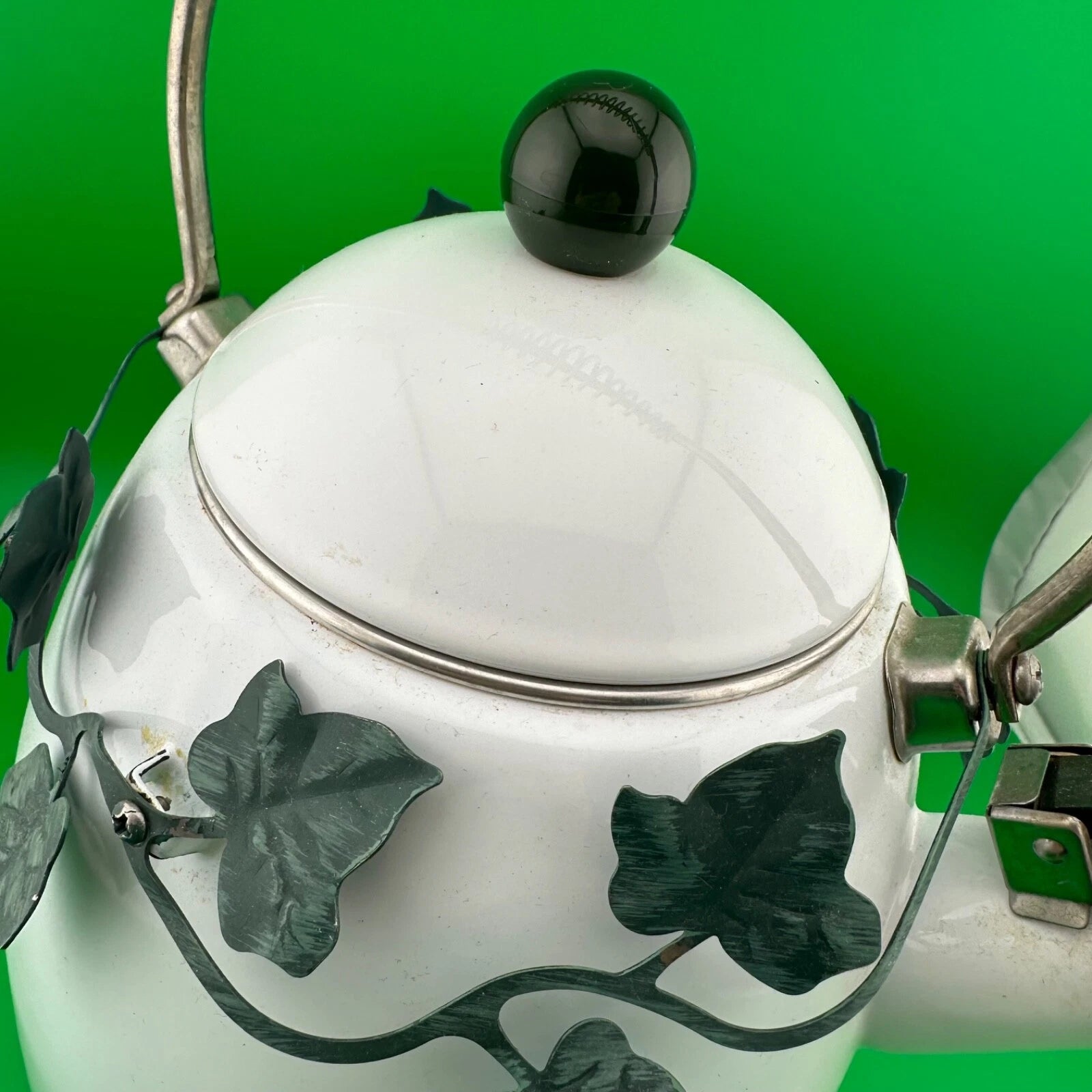 White Enamel Steam Tea Kettle with Ring of Green Metal Leaves | eBay