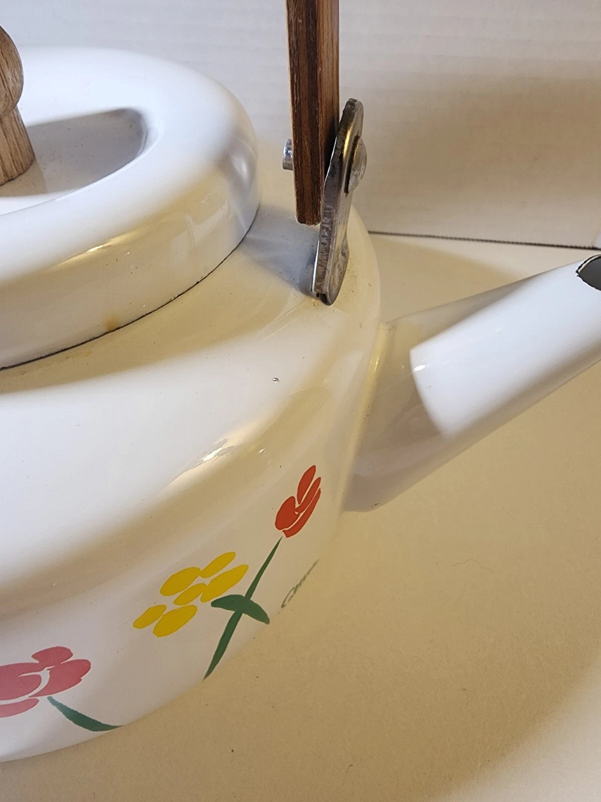 Vintage Saltera Himark Enamel RARE Teapot MCM Red Yellow Floral With Wood Handle
