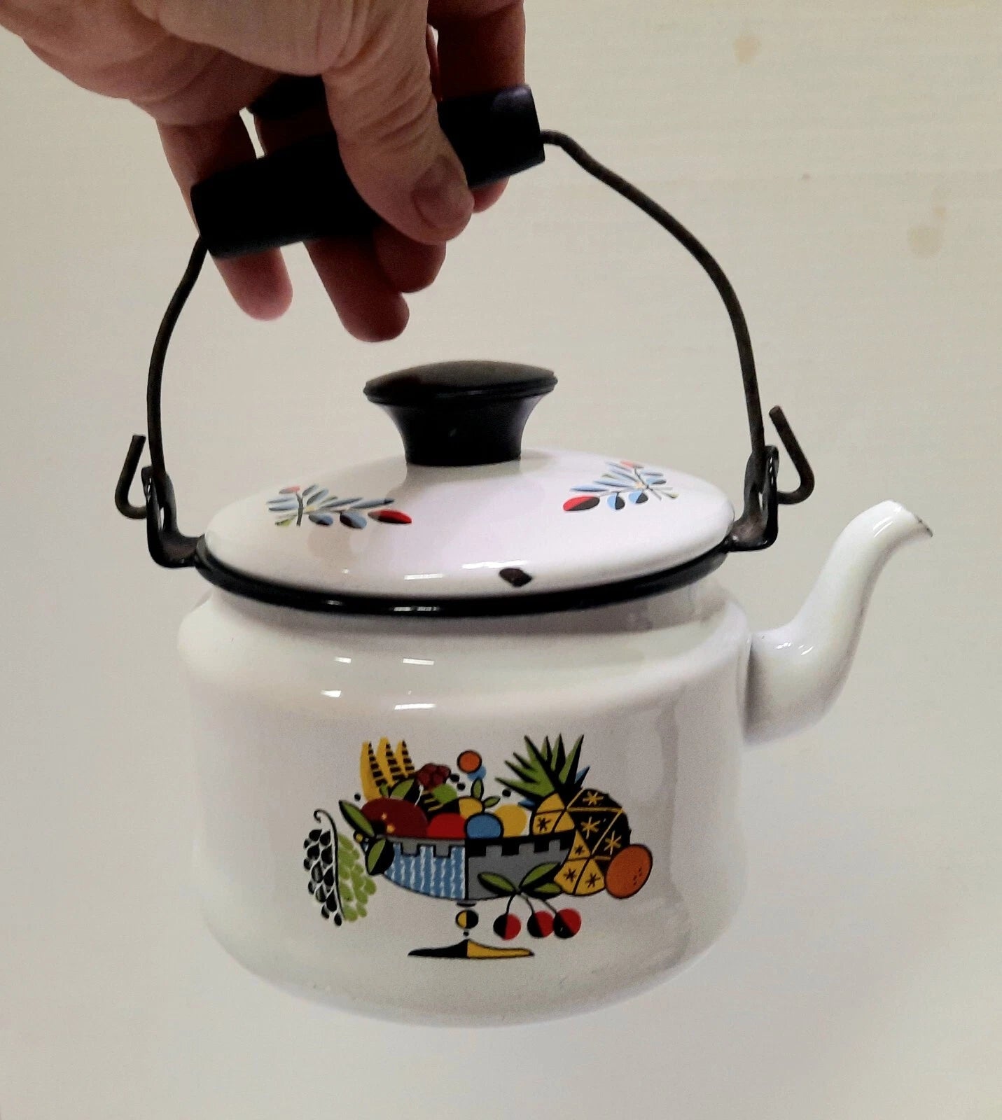 Vintage Enamelware Teapot Tea Kettle w/ Lid Porcelain Metal Fruit Kitchen Stove
