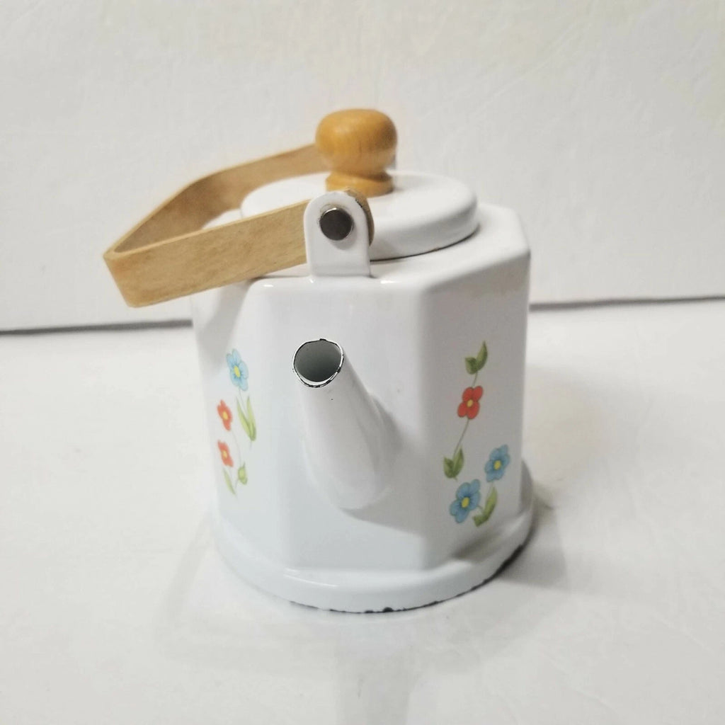 Enamel Floral White Teapot Bamboo Handle CRAFTS DAMAGE Decorative Kettle Planter | eBay