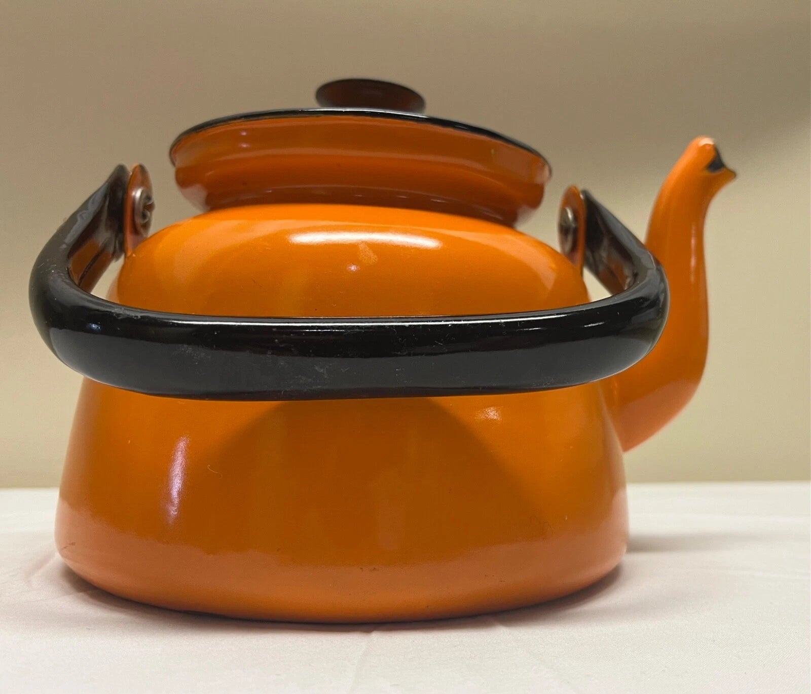 Huta Selesia Vintage enamelware teapot orange with lid made in Poland