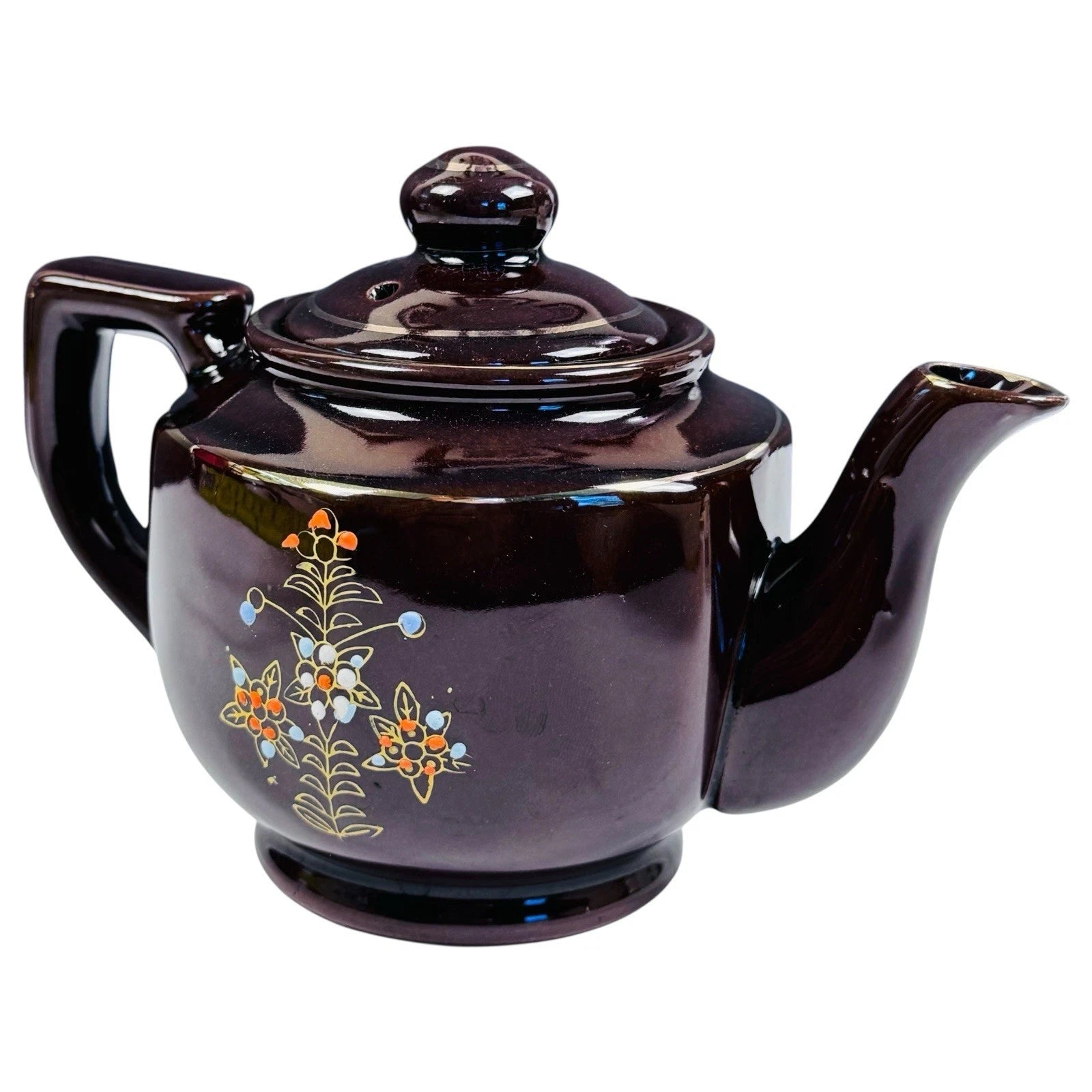 Vintage Japan Brown Glazed Teapot Hand Painted Enamel Floral Dots Mid Century | eBay