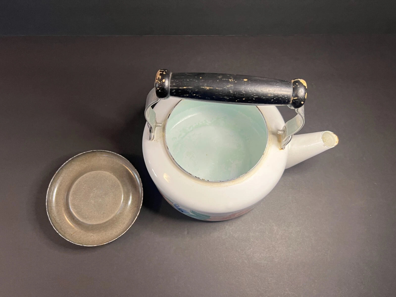 Vintage 1980s NOS Enamel White Floral Print Teapot Kettle with Wooden Handle | eBay