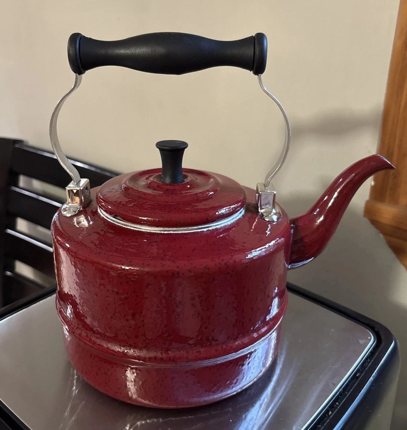 Classic PD Paula Deen Signature Speckled Burgundy Enamel Tea Pot Kettle! | eBay