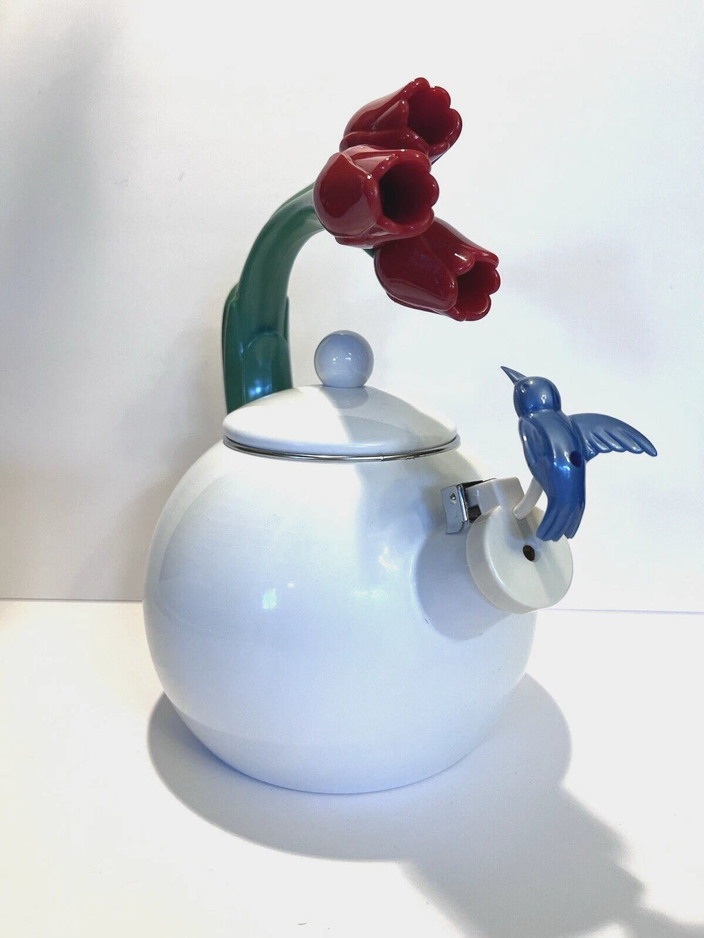 Ancona Hummingbird Tea Kettle Pot White Enamel Red Tulips Whistling Vintage 90s | eBay