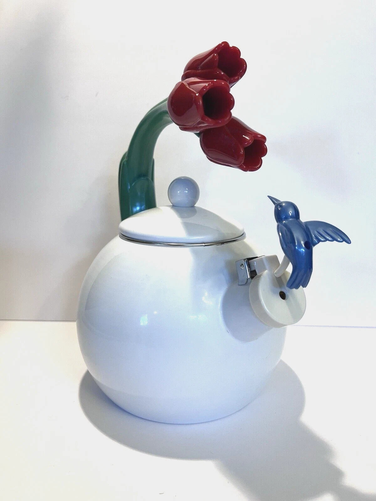 Ancona Hummingbird Tea Kettle Pot White Enamel Red Tulips Whistling Vintage 90s | eBay