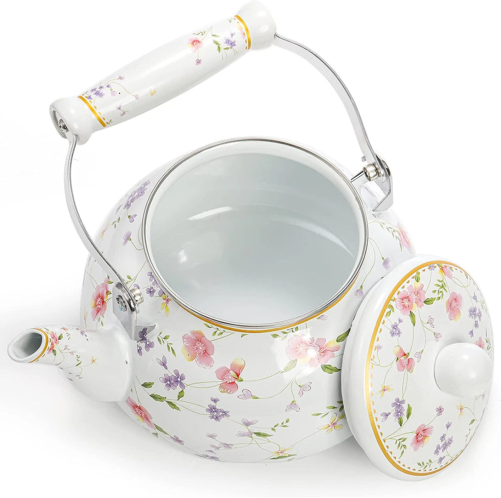 Jucoan Vintage Enamel Tea Kettle, 2.6 Quart Floral Enamel Water Kettle Teapot wi