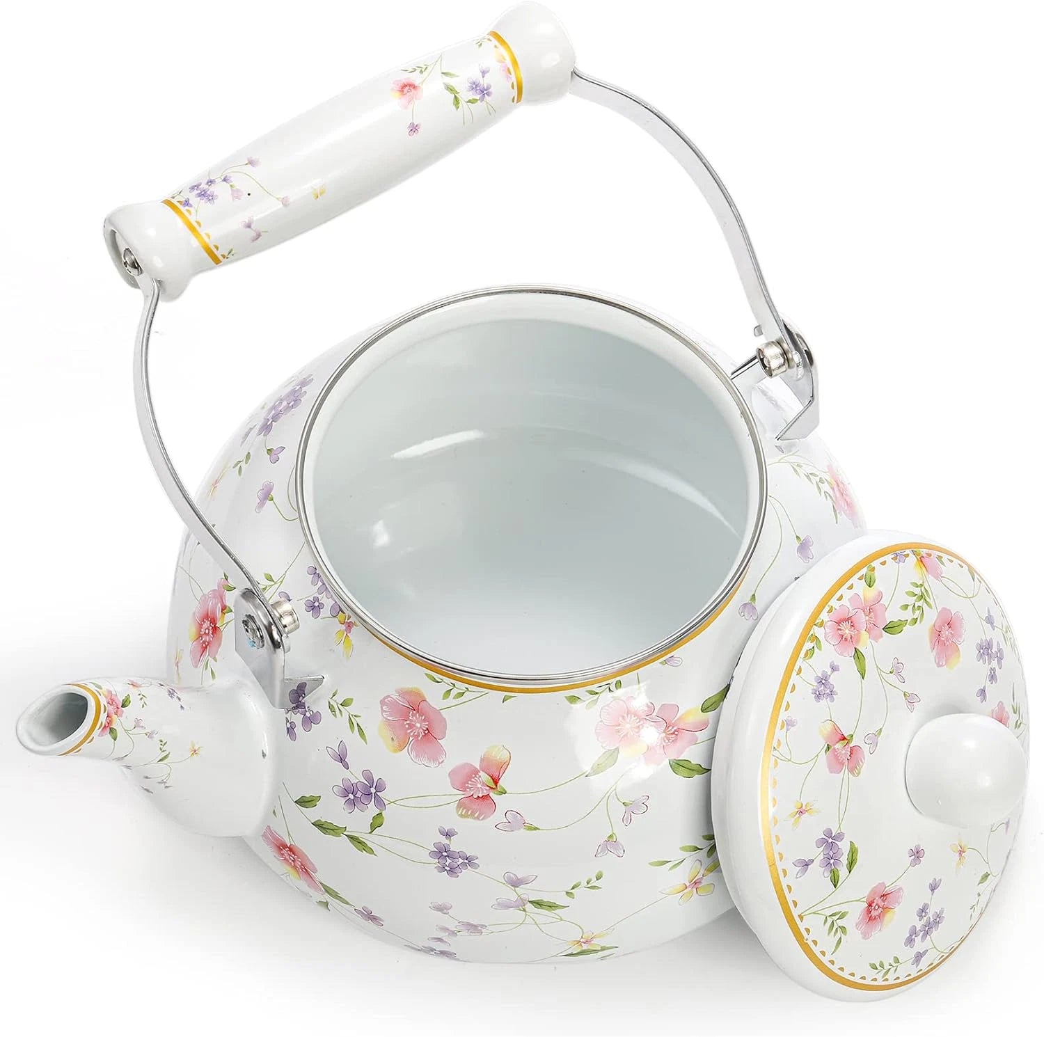 Jucoan Vintage Enamel Tea Kettle, 2.6 Quart Floral Enamel Water Kettle Teapot wi