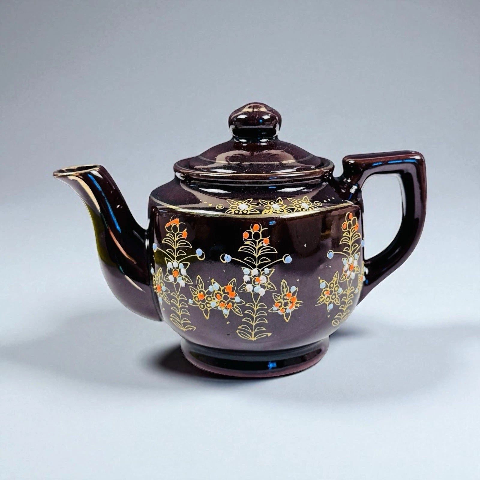 Vintage Japan Brown Glazed Teapot Hand Painted Enamel Floral Dots Mid Century | eBay