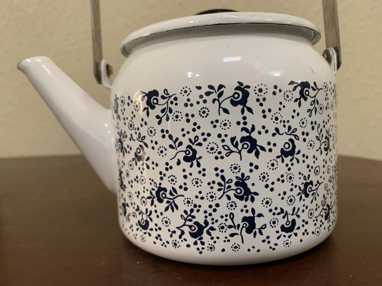 Vintage Porcelain Enamel On Steel Teakettle 1qt Floral White Blue JC Penny Japan | eBay