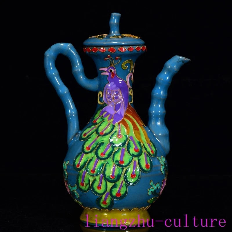 8.8"China song Dynasty ru kiln porcelain Enamel Peacock bird flagon Teapot pot