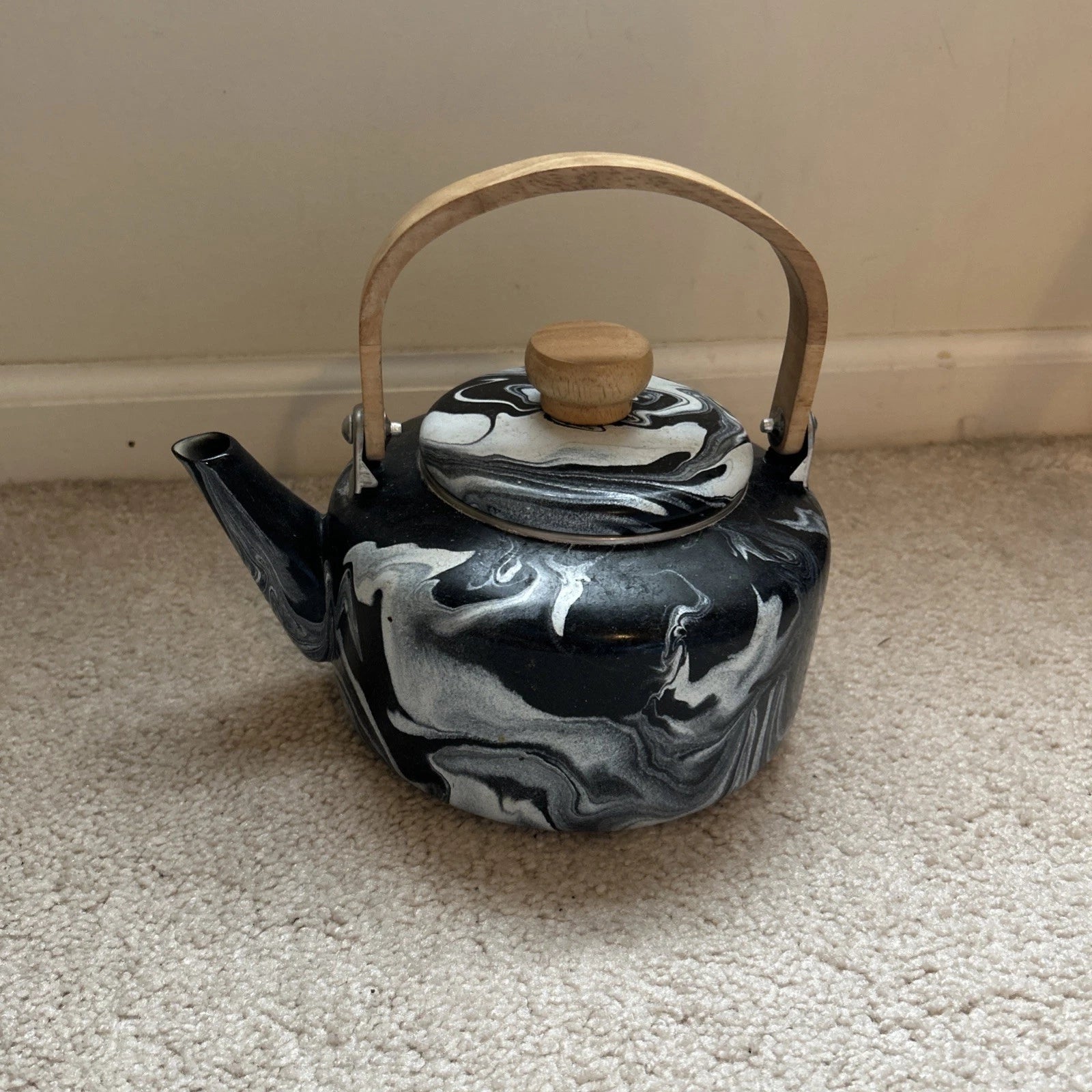 Black and White Marbled Enamel Teapot/Kettle with Wood Handle and Matching Knob | eBay