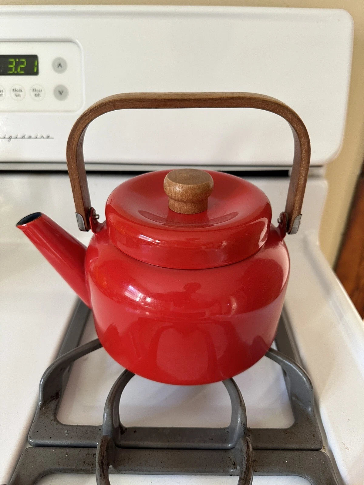 Teak Red Enamel Tea Kettle Tea Pot Copco Style Vintage Mid Century Modern