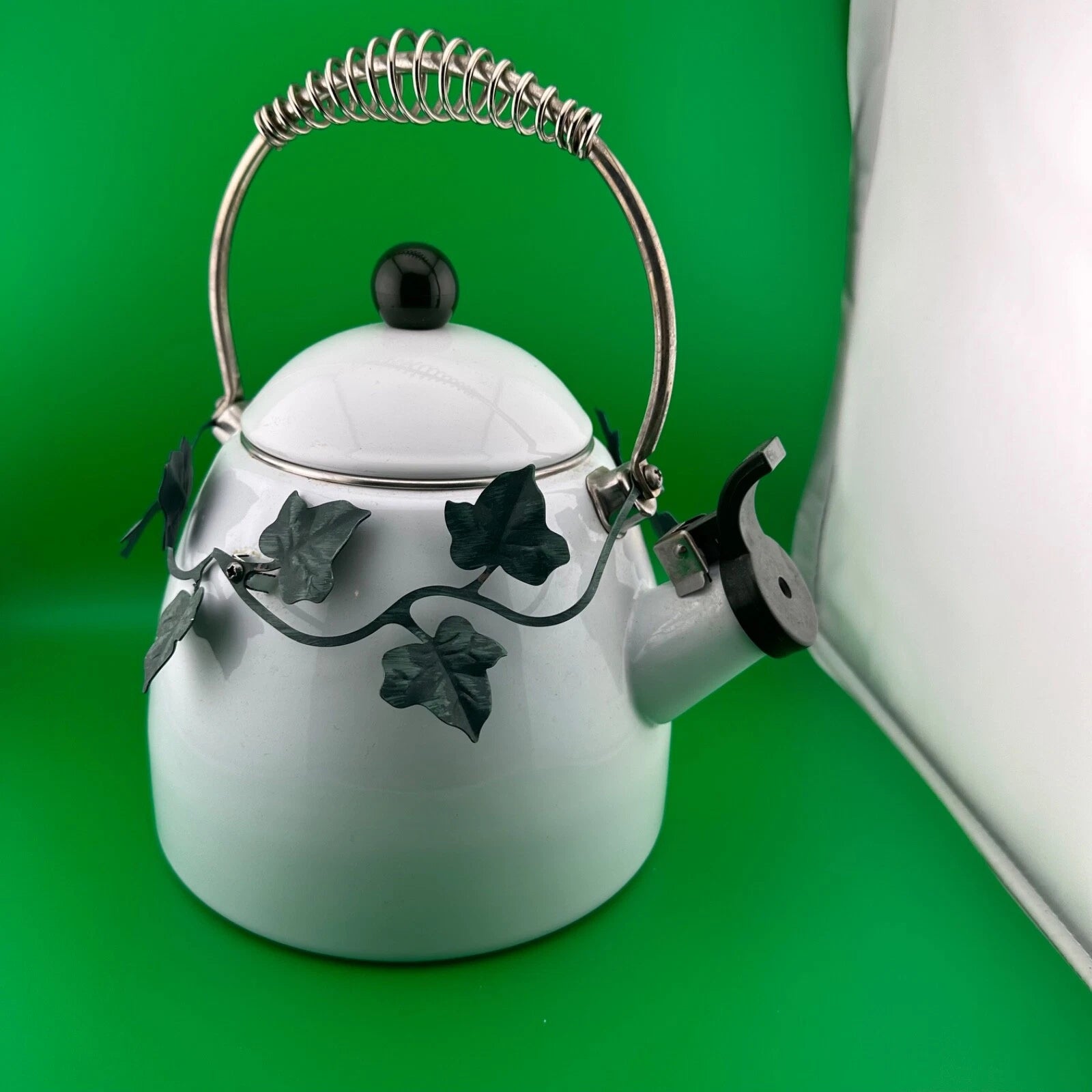 White Enamel Steam Tea Kettle with Ring of Green Metal Leaves | eBay