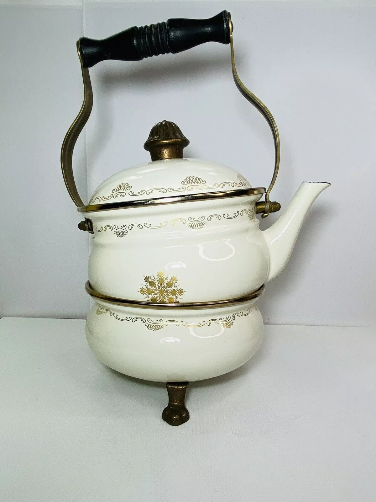 Vintage Fissler Asta Black & Gold Enamelware Teapot & Warmer West Germany Nice