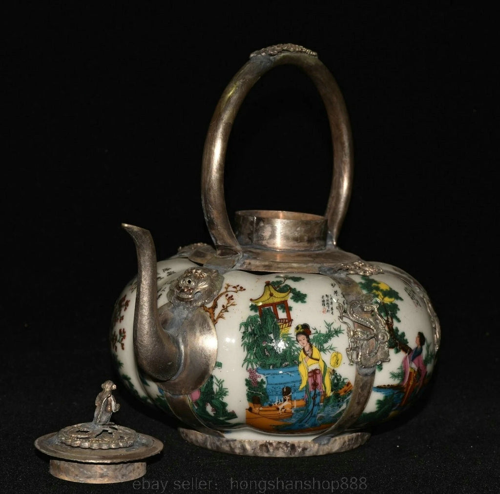 6.8" Old Chinese Silver Enamel Porcelain Beauty Belle Portable Kettle Teapot | eBay