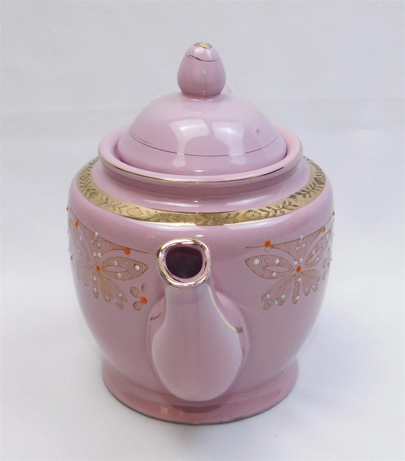 Vtg Pink Gold Glazed REDWARE Teapot Butterfly Enamel Moriage Hand Painted 7"