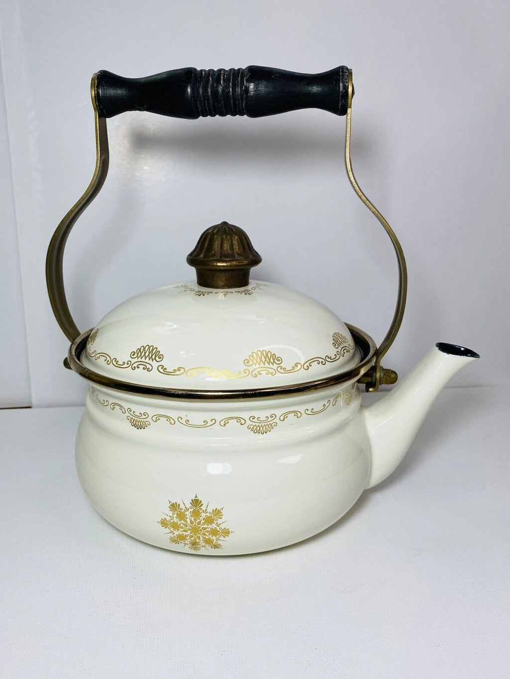 Vintage Fissler Asta Black & Gold Enamelware Teapot & Warmer West Germany Nice