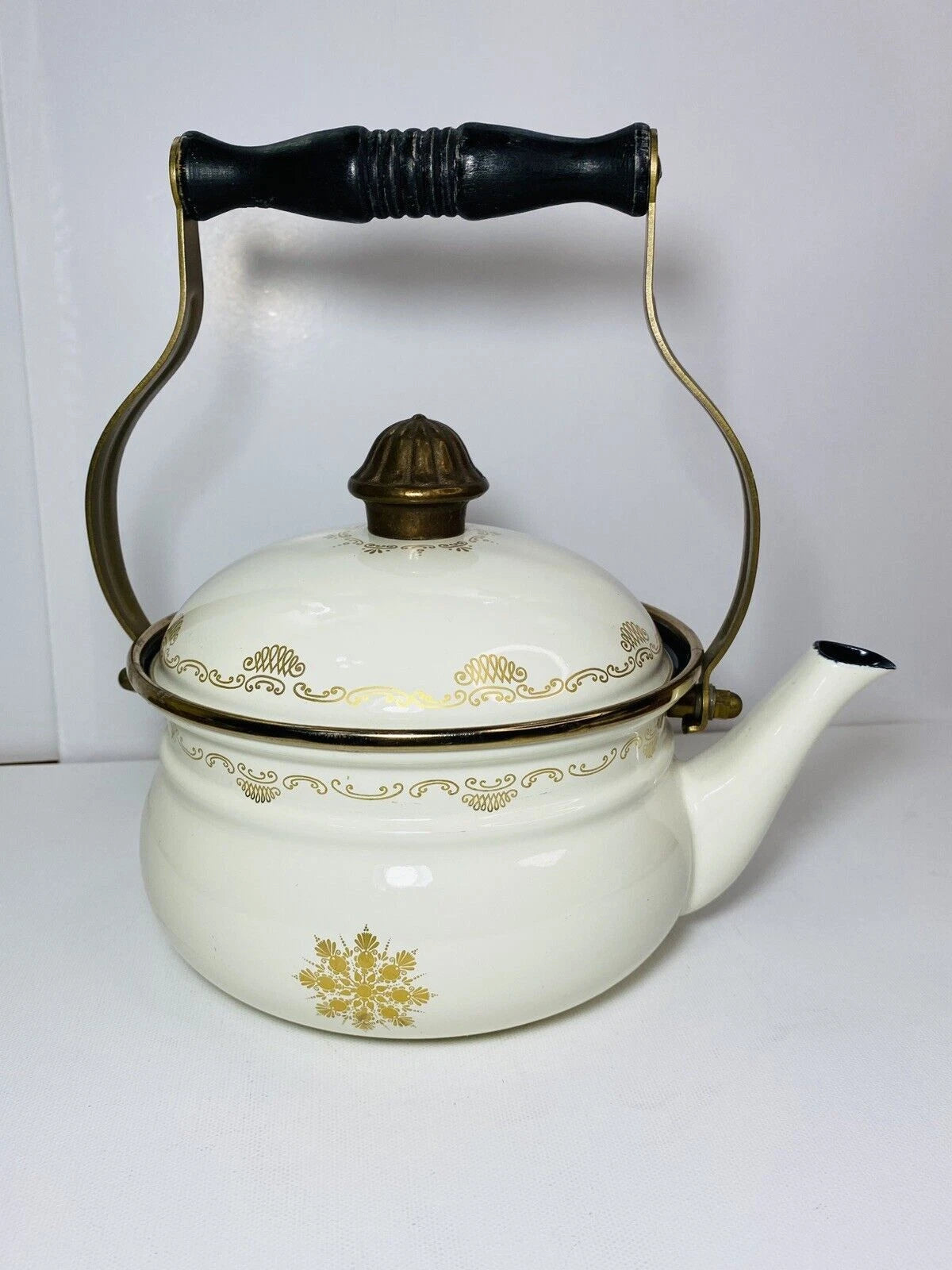 Vintage Fissler Asta Black & Gold Enamelware Teapot & Warmer West Germany Nice