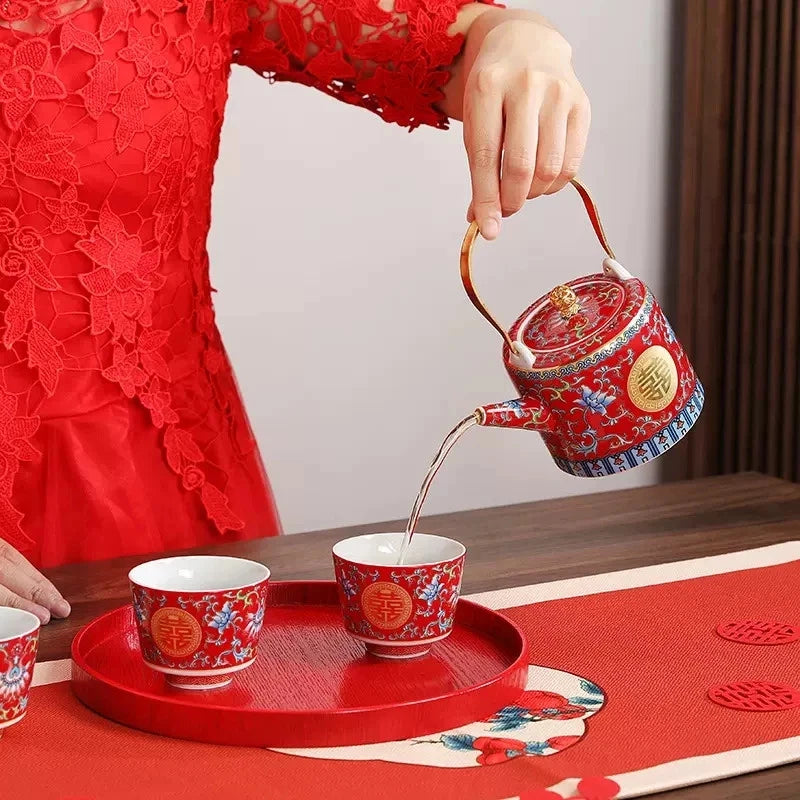 Traditional Chinese Enamel Colored Tea Cup Set Tea Pot Set Wedding Tea Cup