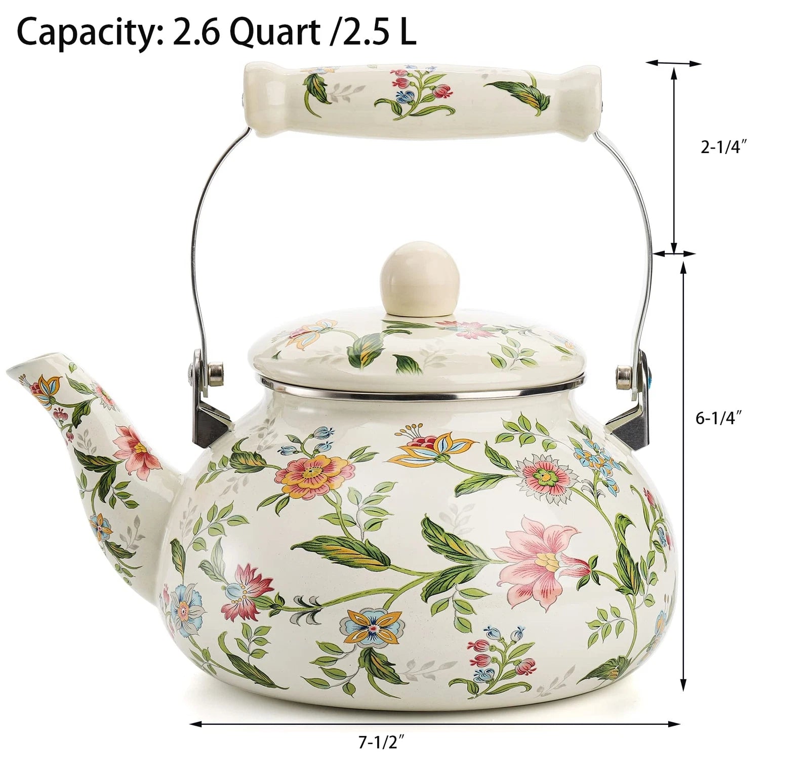 2.6 Quart Vintage Enamel Tea Kettle Green Floral Enamel On Steel Teapot With Coo | eBay