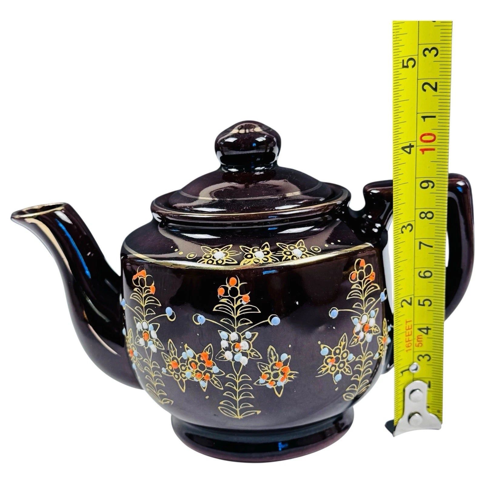 Vintage Japan Brown Glazed Teapot Hand Painted Enamel Floral Dots Mid Century | eBay