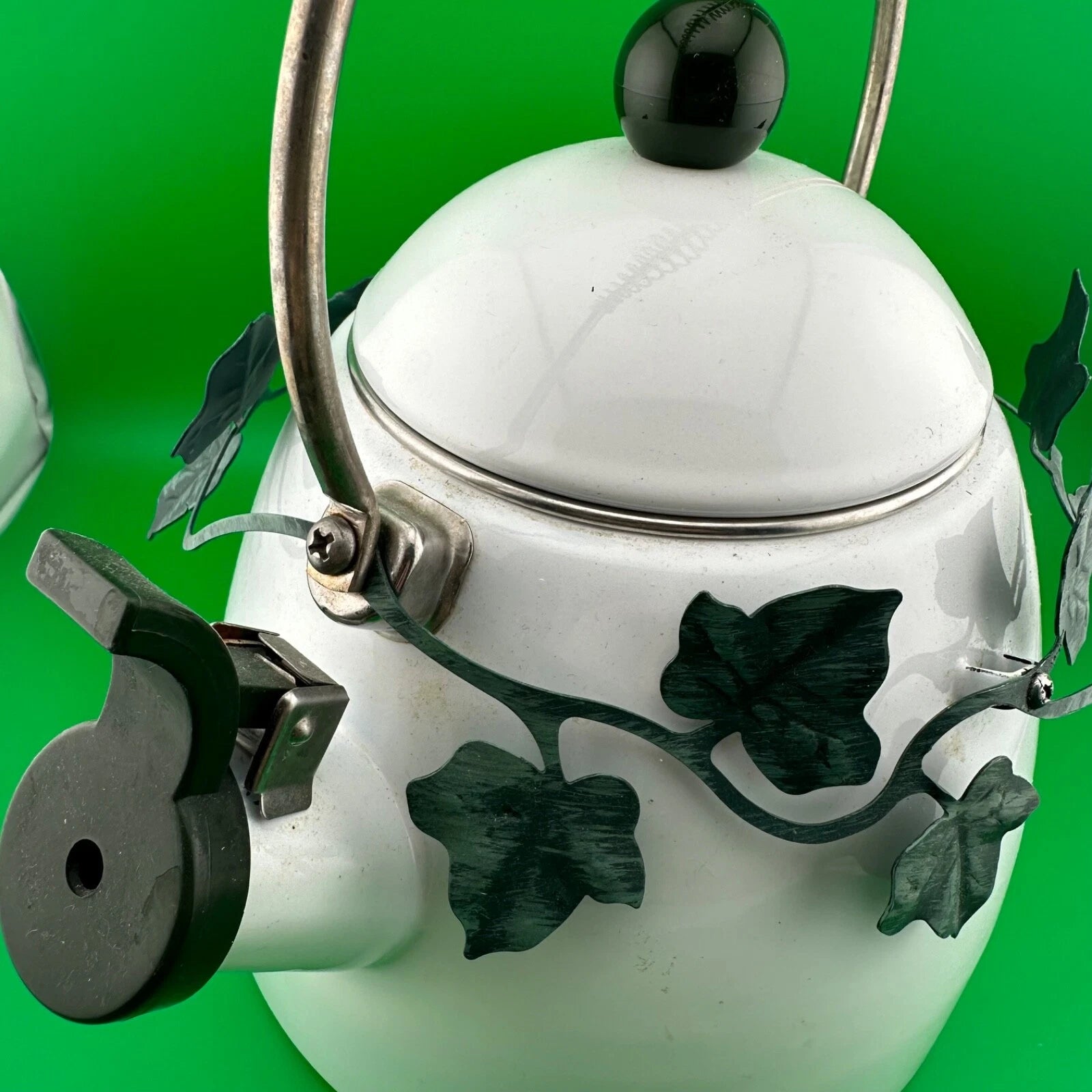 White Enamel Steam Tea Kettle with Ring of Green Metal Leaves | eBay