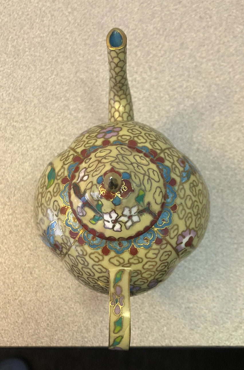 Vintage Cloisonne Enamel and Bronze Beige Floral Teapot