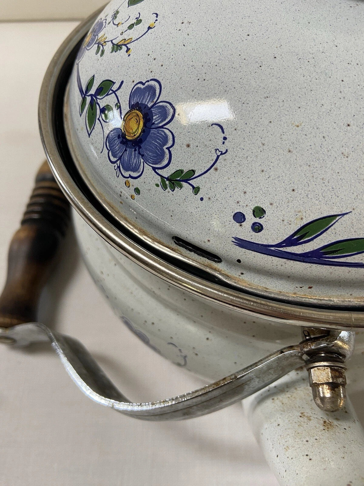 Vtg ASTA Enamel Cookware Tea Pot Kettle Wood Handle Blue Green Floral Speckled | eBay