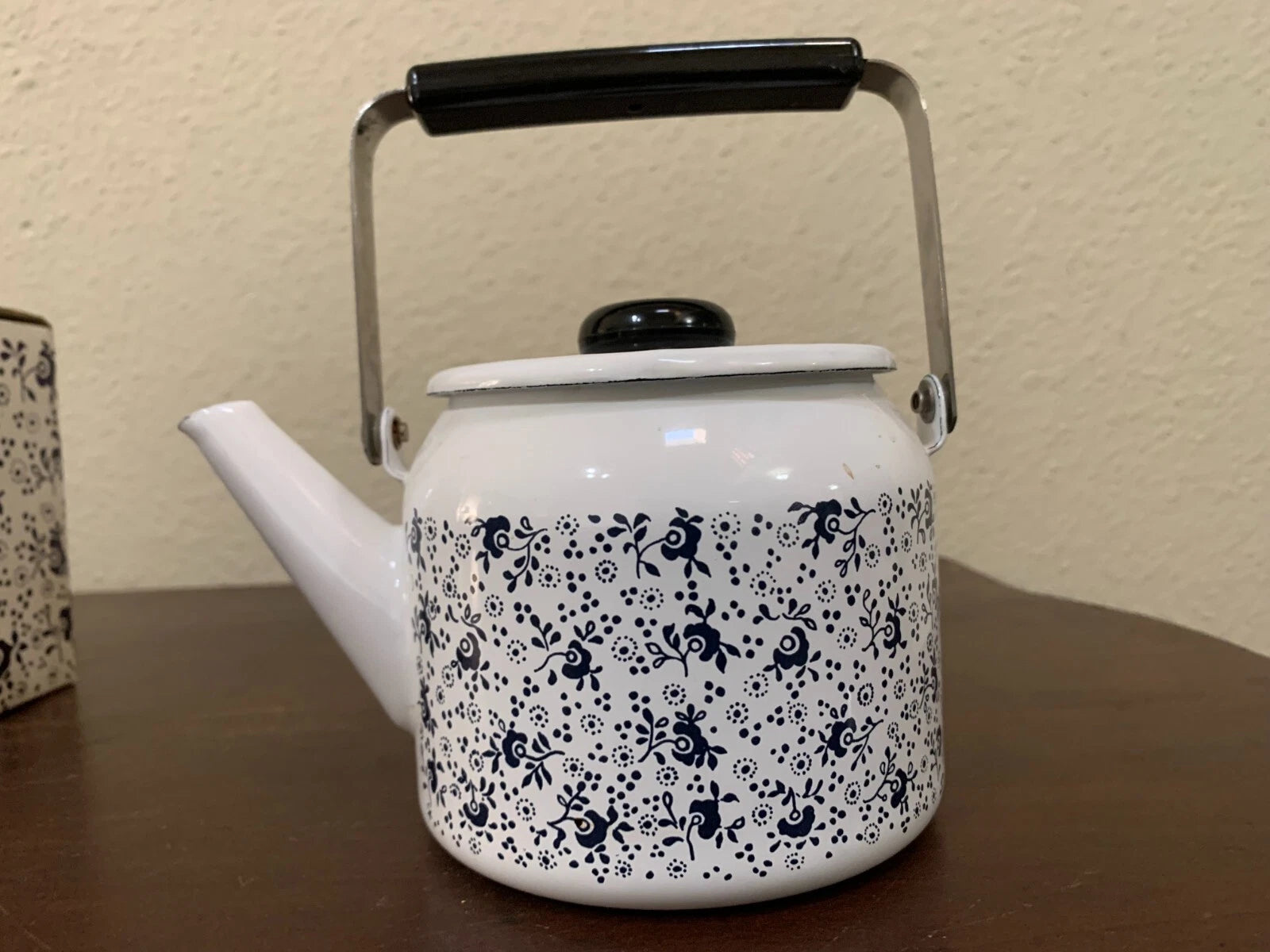 Vintage Porcelain Enamel On Steel Teakettle 1qt Floral White Blue JC Penny Japan | eBay