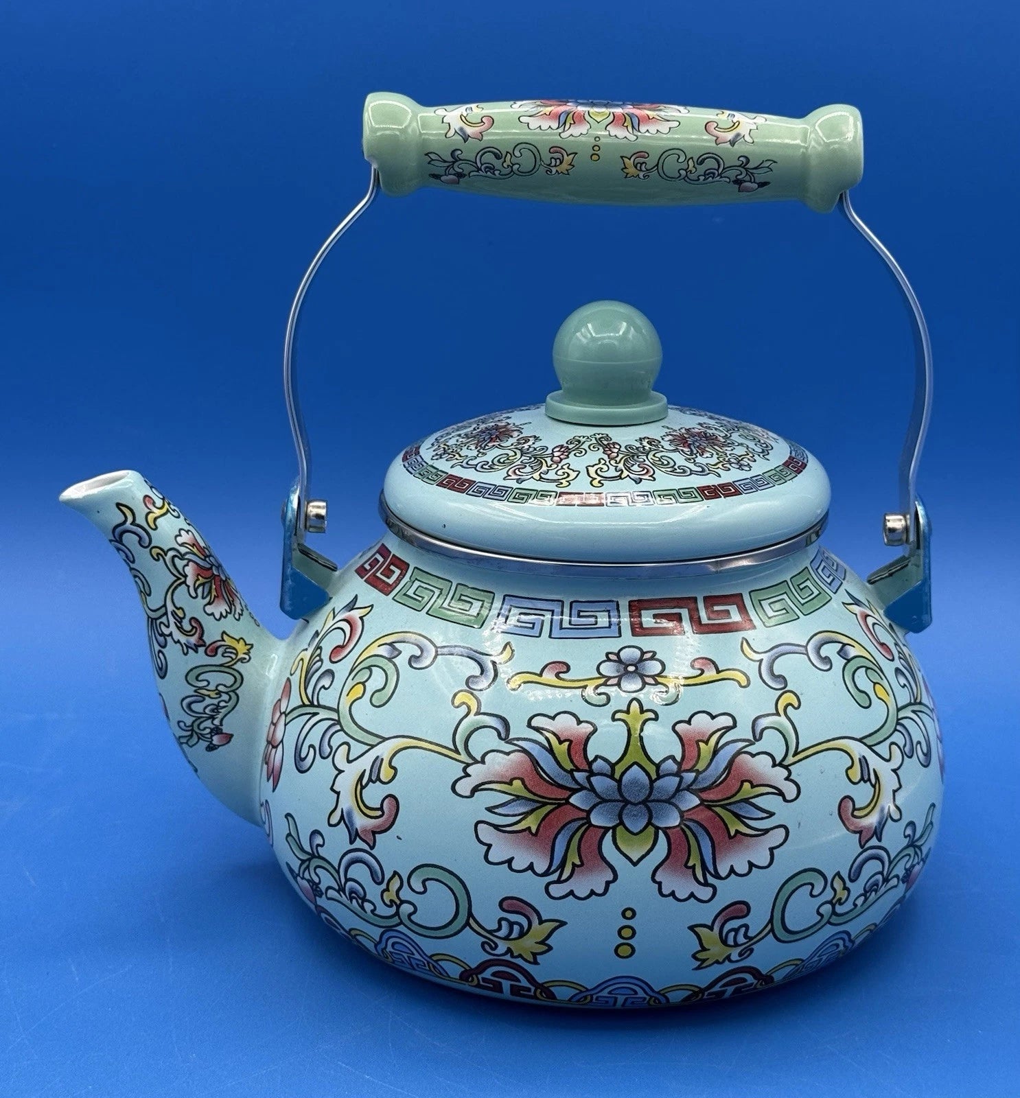 Chinese Style Enamel Tea Kettle 2.6 Qt Floral Cloisonné Pattern Light Blue Pot | eBay