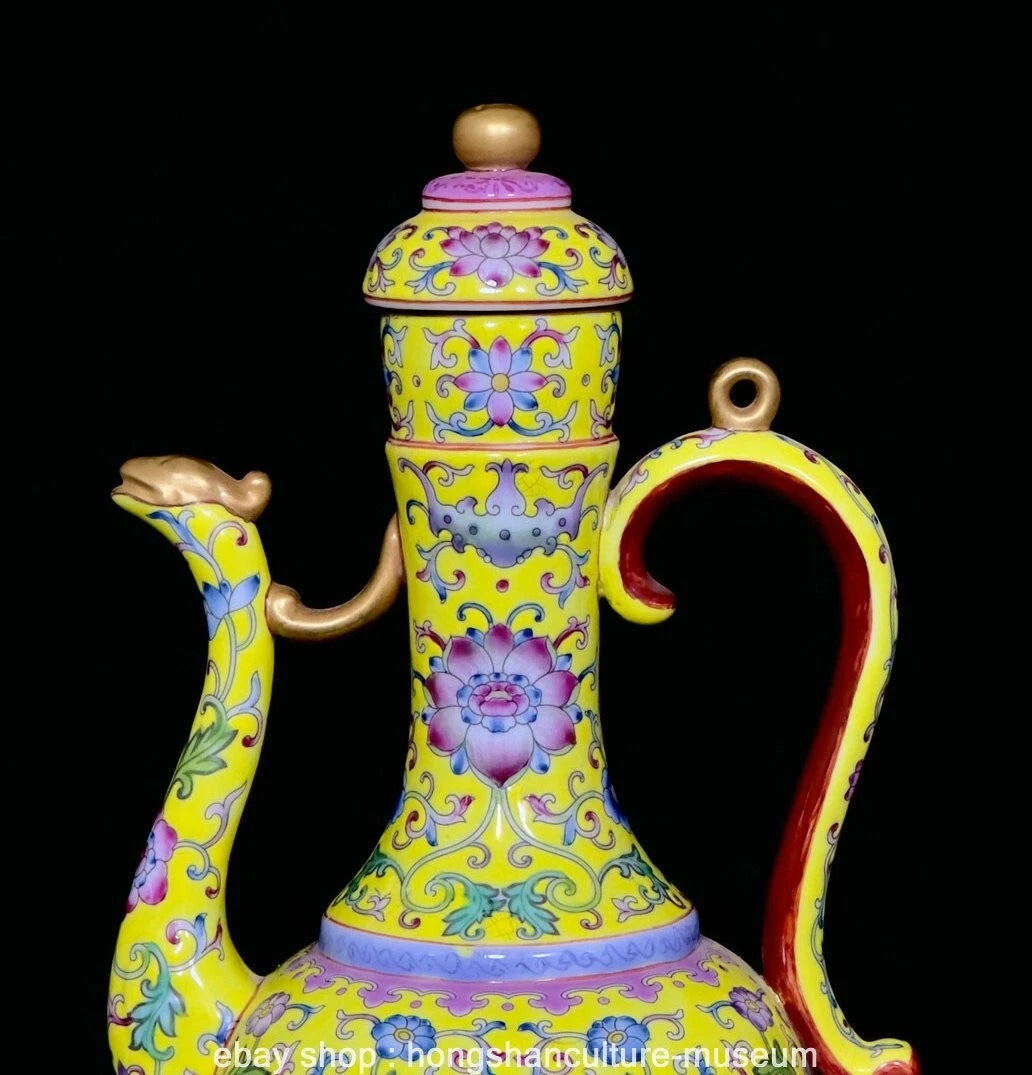 9.4" Qing Yongzheng Marked Enamel Colour Porcelain Flower Wine Tea Pot Flagon