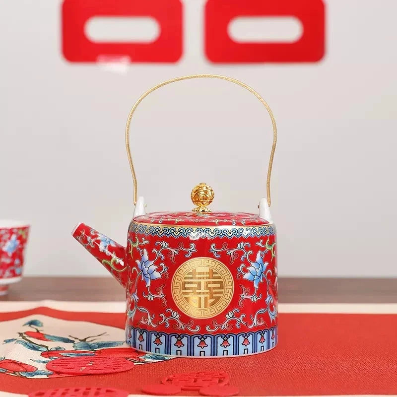 Traditional Chinese Enamel Colored Tea Cup Set Tea Pot Set Wedding Tea Cup