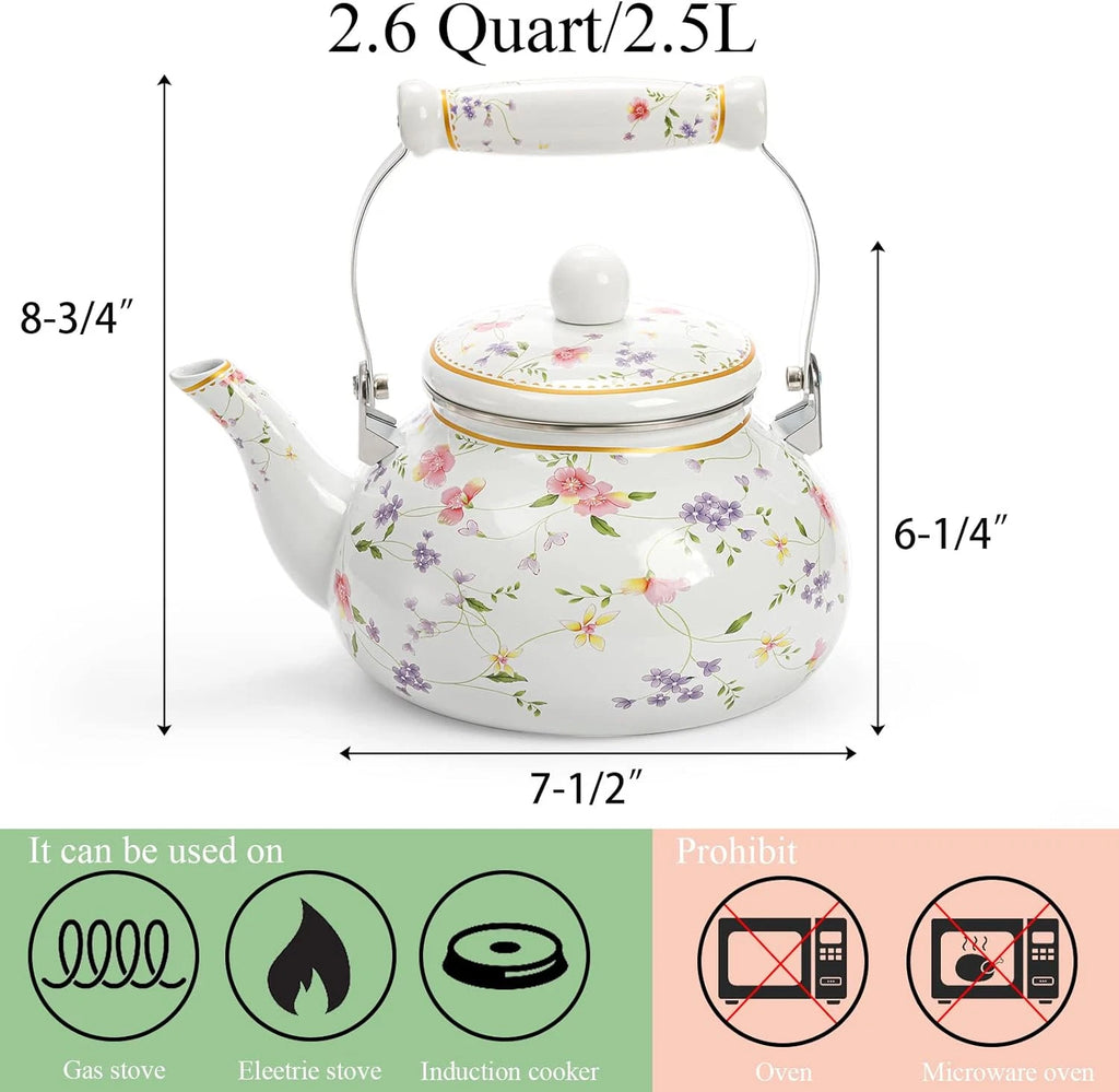 Jucoan Vintage Enamel Tea Kettle, 2.6 Quart Floral Enamel Water Kettle Teapot wi