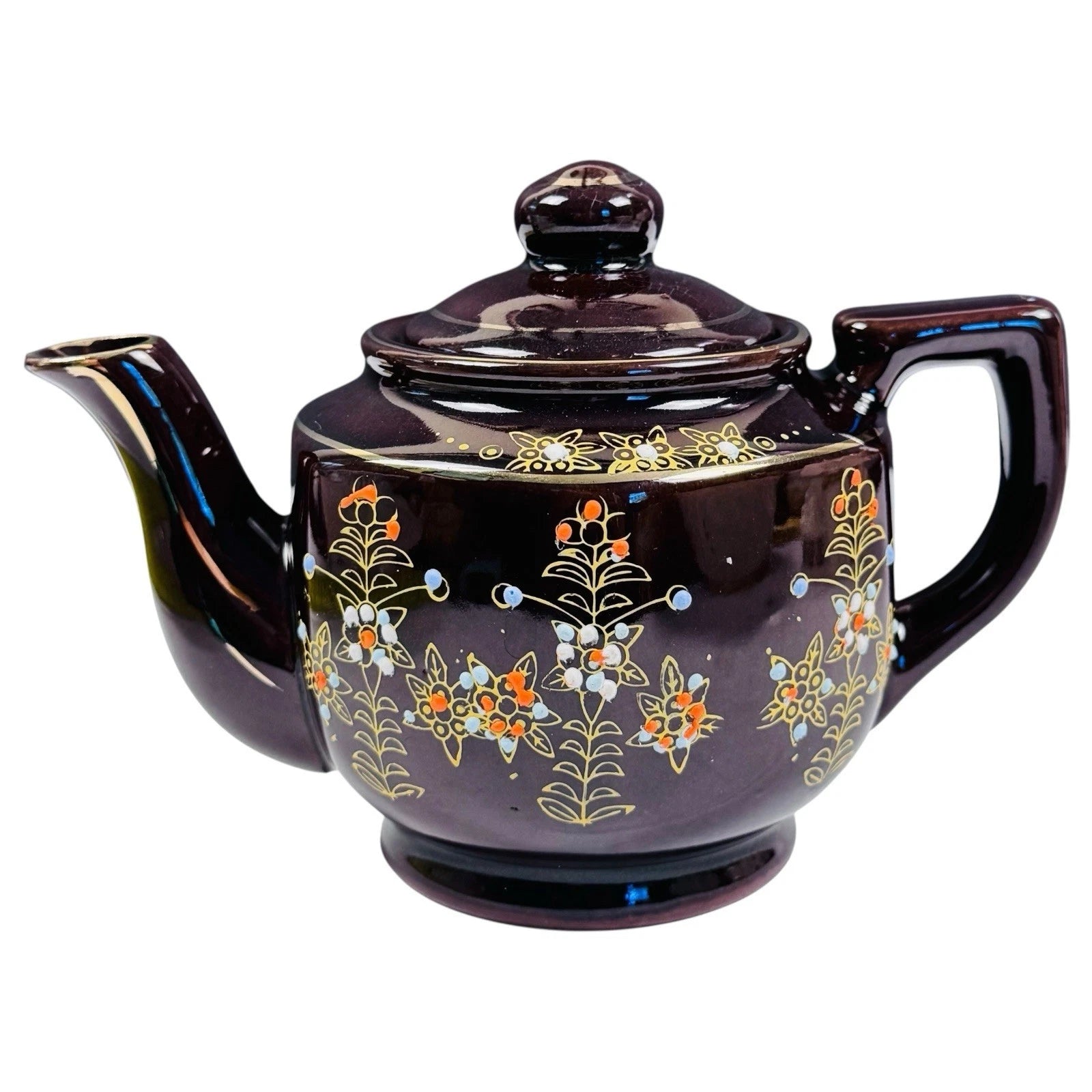 Vintage Japan Brown Glazed Teapot Hand Painted Enamel Floral Dots Mid Century | eBay