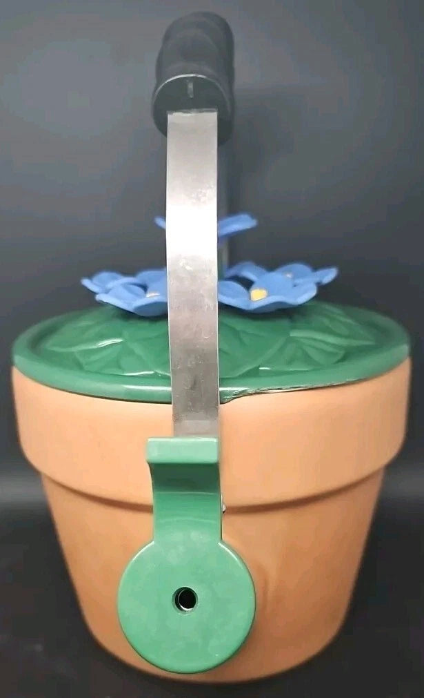 Ancona Enamel Tea Kettle Blue Flowers A Potted Plant Vintage SEE PICTURES & READ | eBay