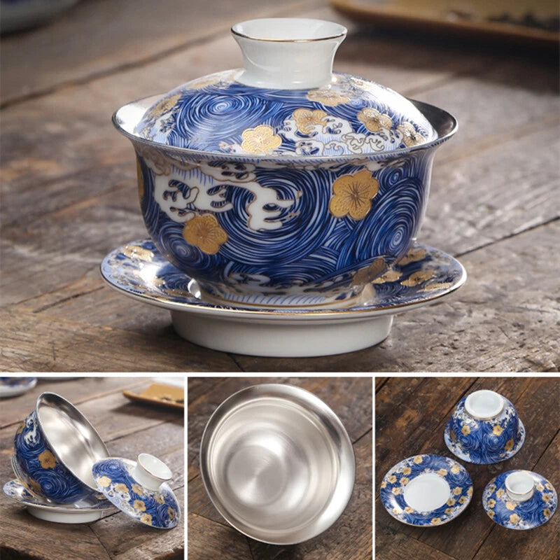 Pure Silver Tea Set Health Care Jingdezhen Color Enamel Porcelain Gaiwan Pot Cup
