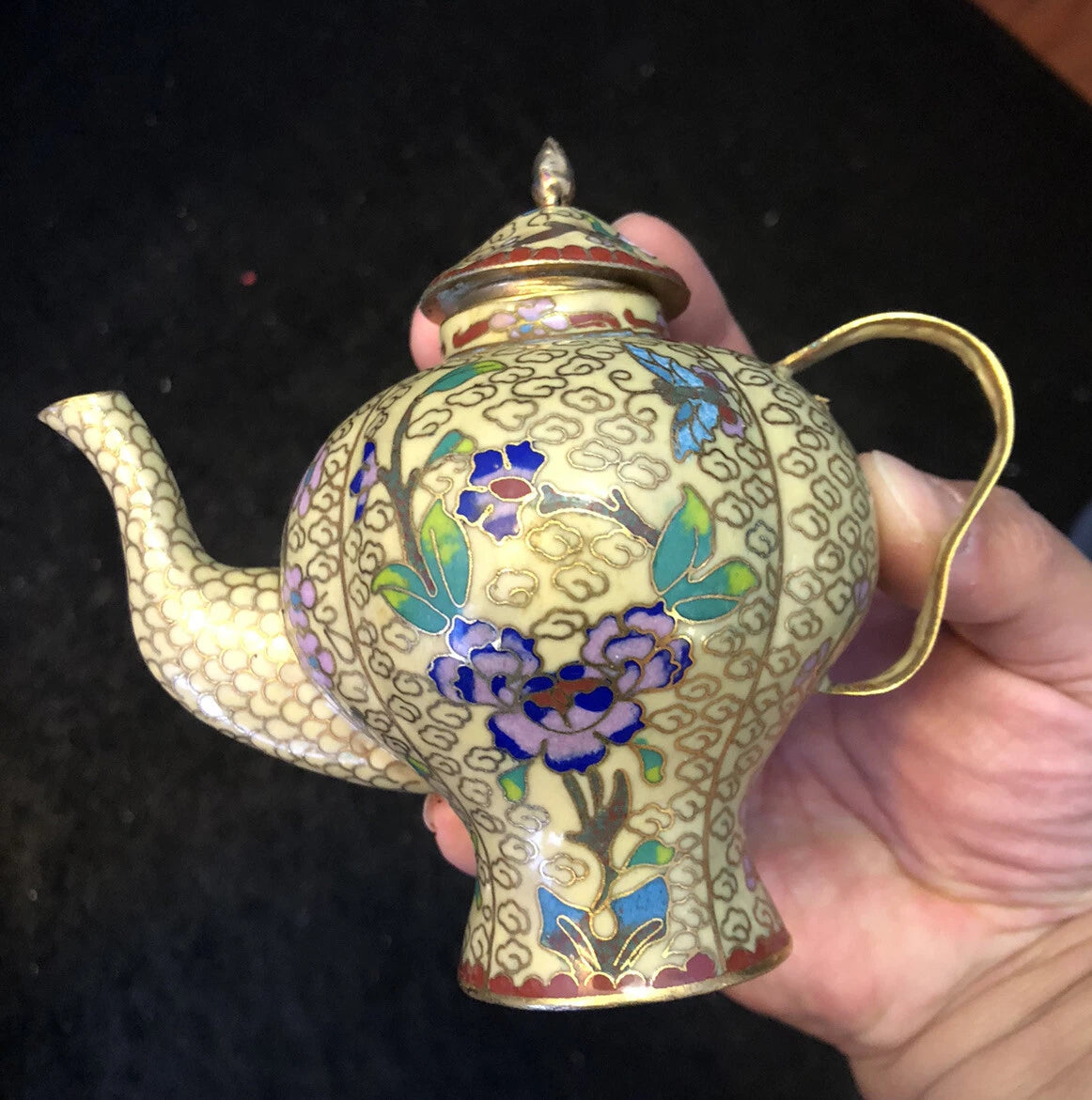 Vintage Cloisonne Enamel and Bronze Beige Floral Teapot