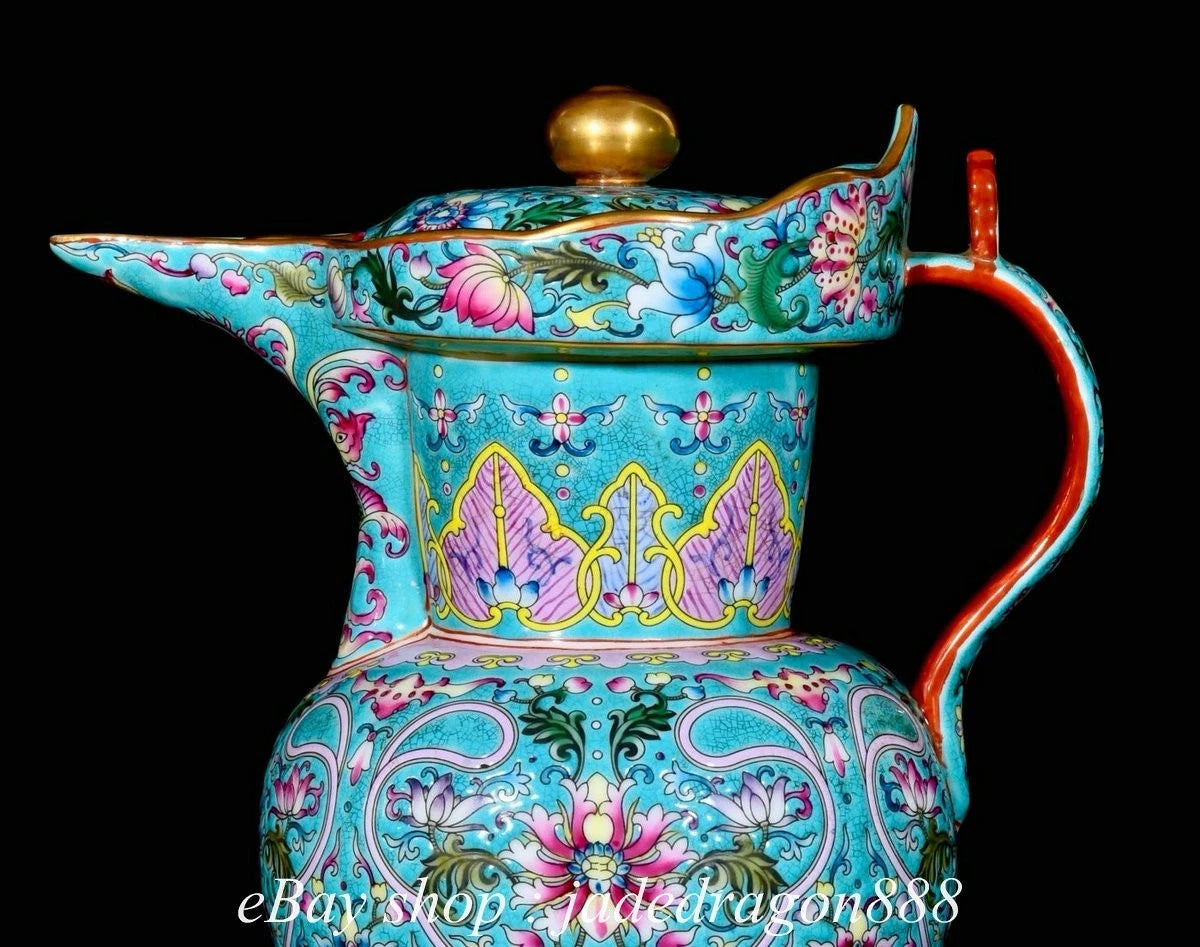 9" Yongzheng Marked Enamel Porcelain Gilt Flower Leaf Pattern Wine Tea Pot