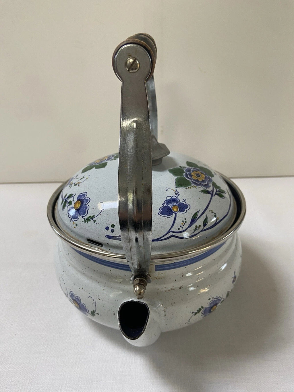 Vtg ASTA Enamel Cookware Tea Pot Kettle Wood Handle Blue Green Floral Speckled | eBay