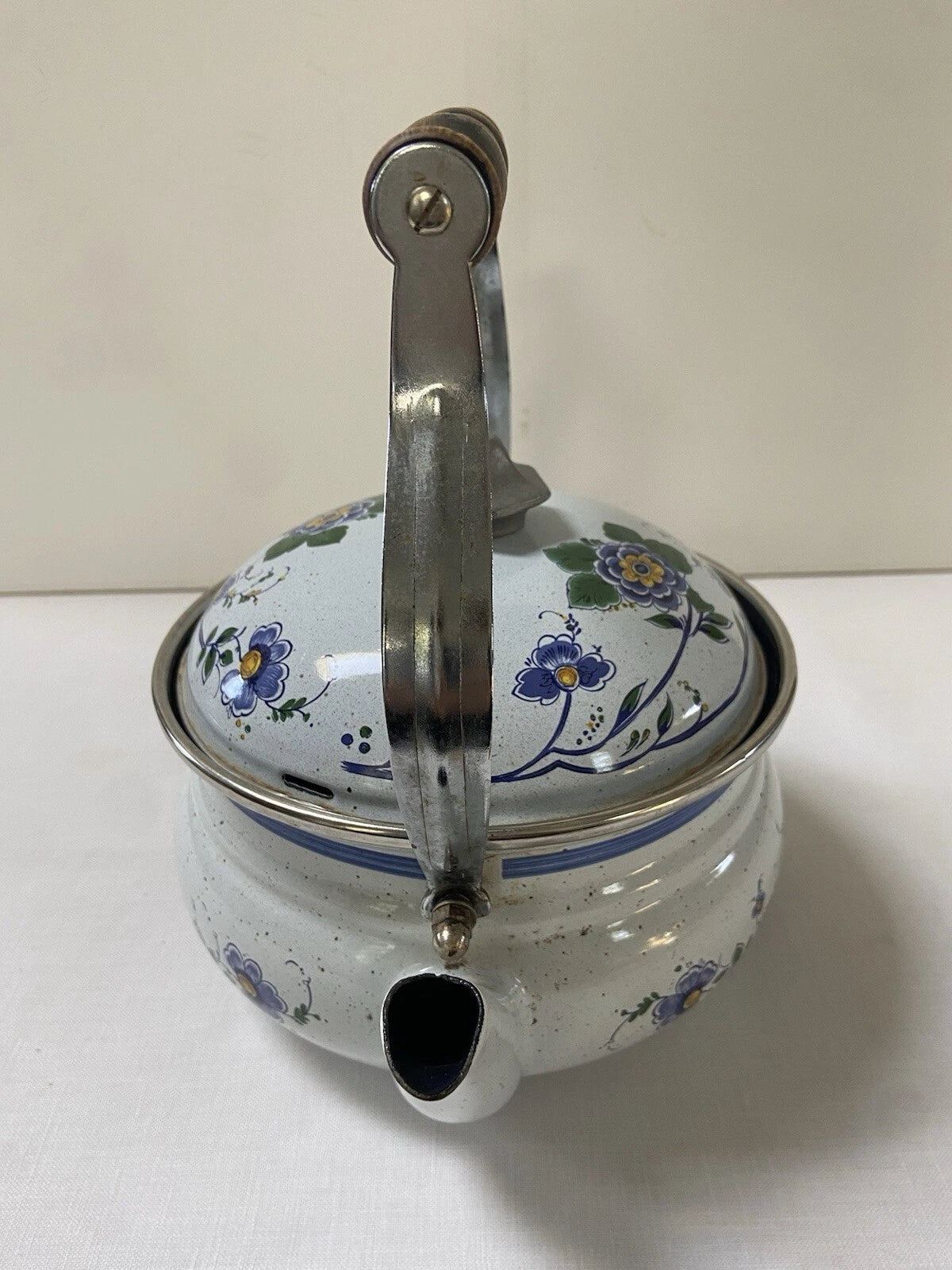 Vtg ASTA Enamel Cookware Tea Pot Kettle Wood Handle Blue Green Floral Speckled | eBay