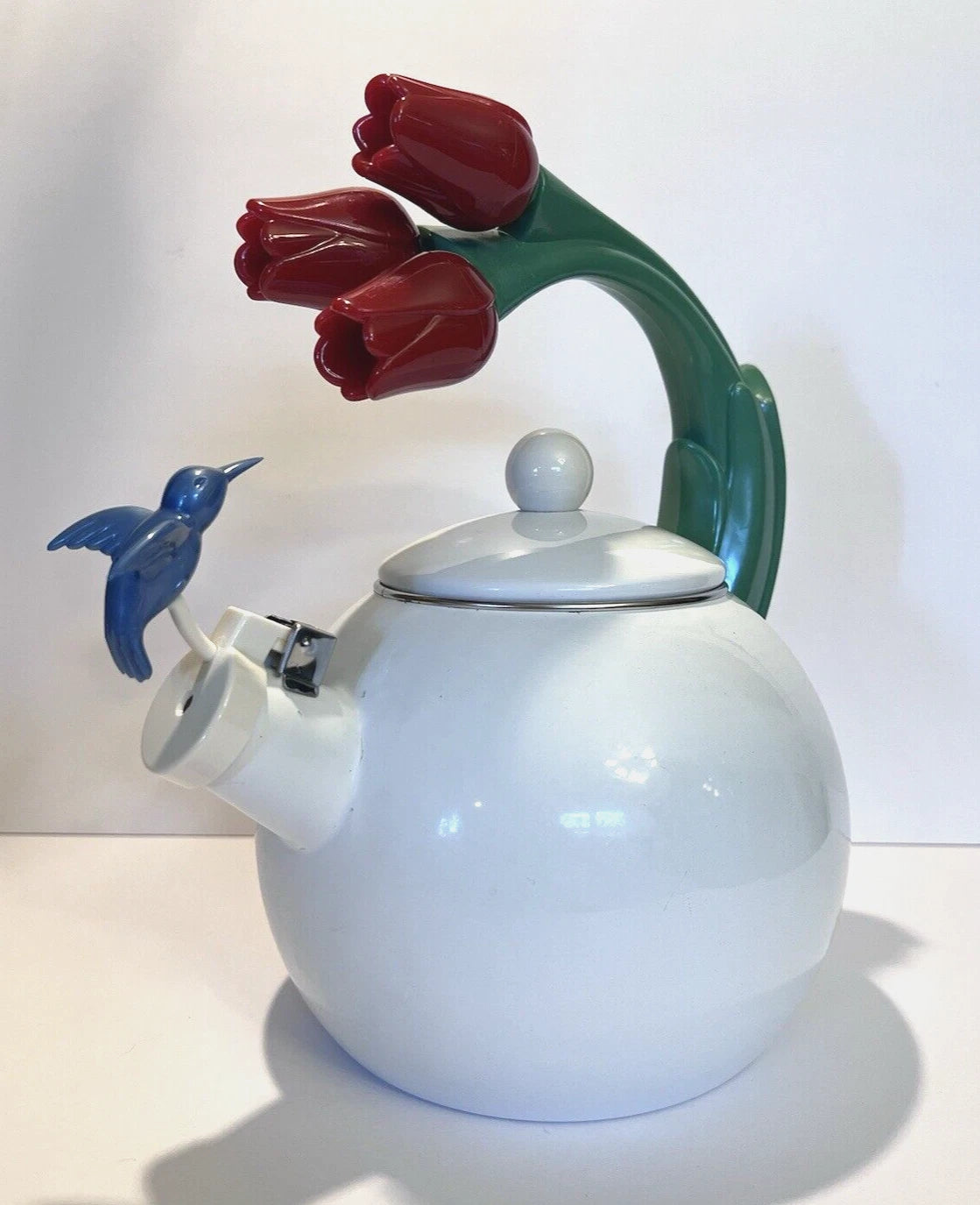 Ancona Hummingbird Tea Kettle Pot White Enamel Red Tulips Whistling Vintage 90s | eBay