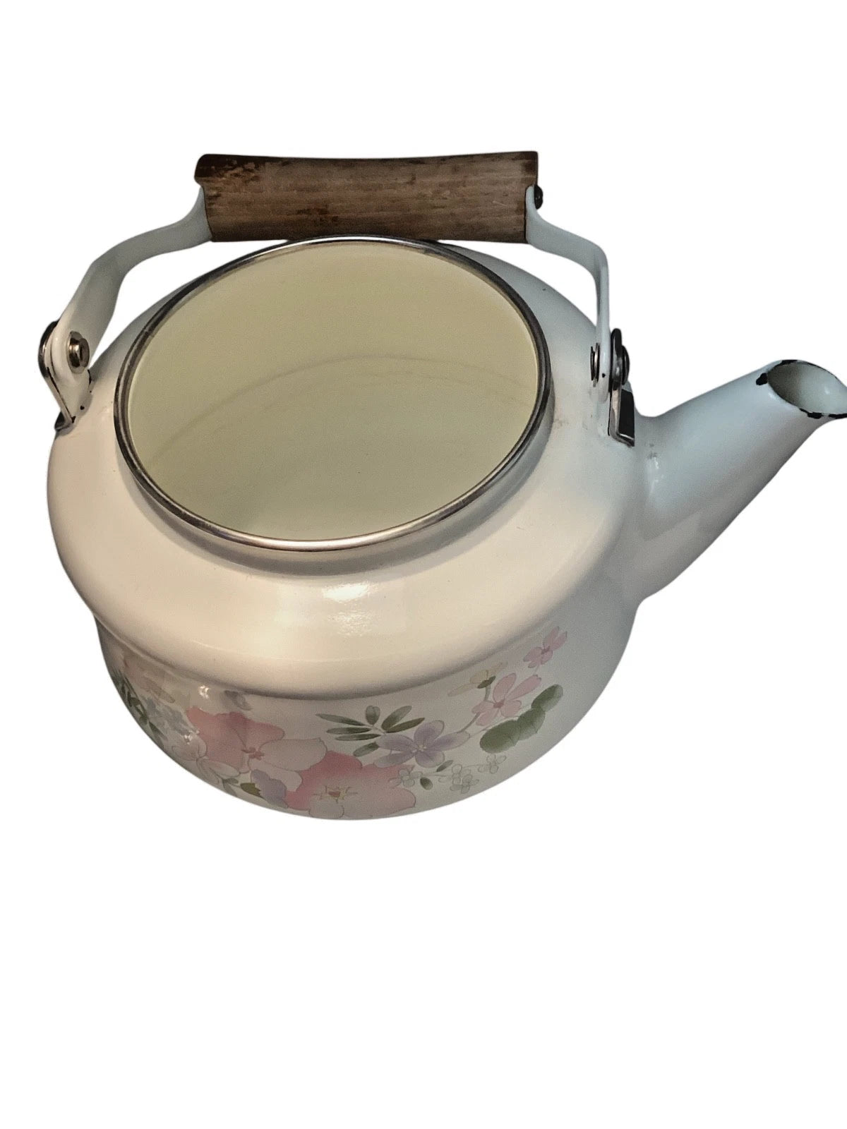 Kobe Kettle Japan Vintage White Floral Enamel Teapot Wooden Handle Decorative