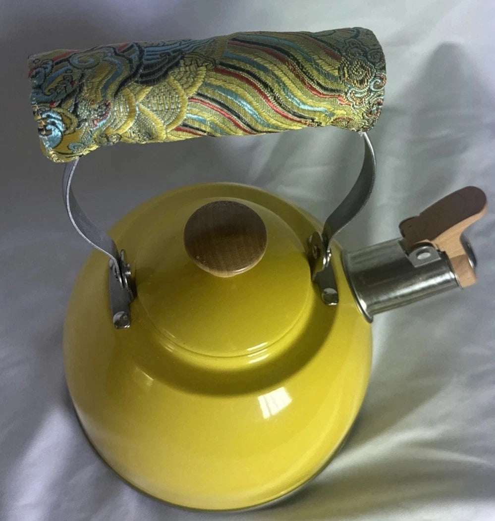 VTG Yellow Enamel w/ Wood & Chrome Detail Tea Kettle with handmade handle cozy
