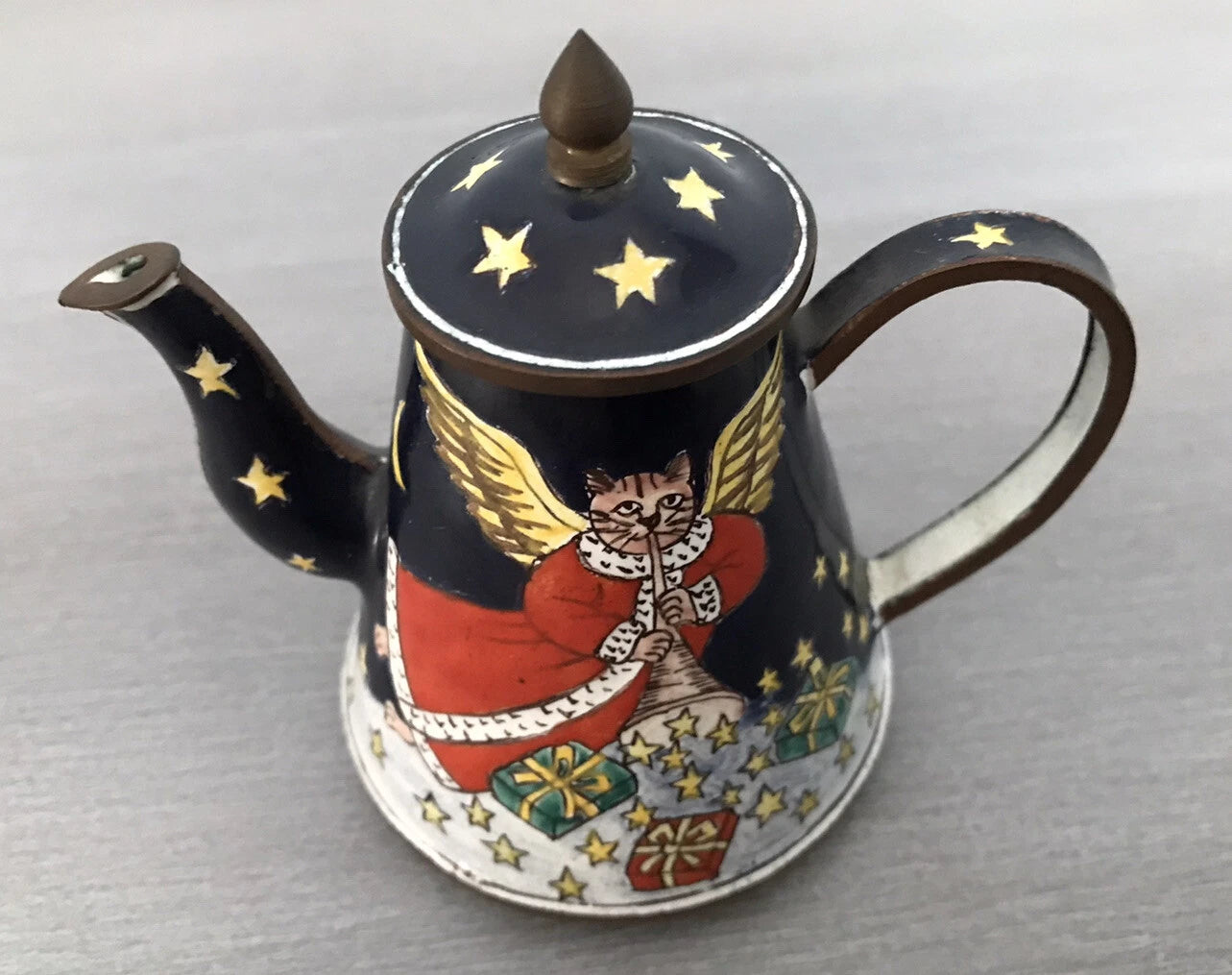 Vtg Hand Painted Enamel on Copper Miniature Teapot Cat Angel Flying Among Stars | eBay