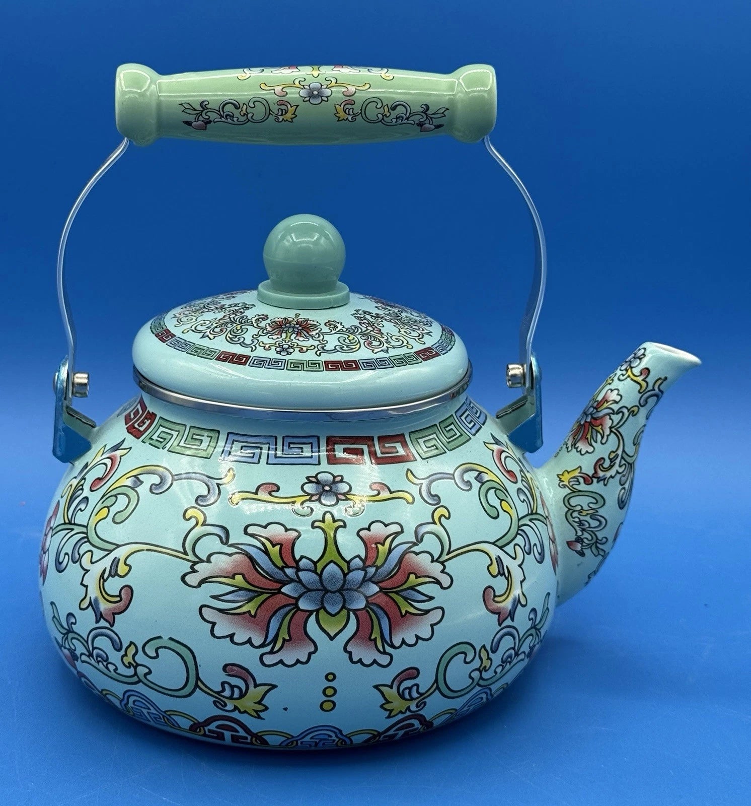 Chinese Style Enamel Tea Kettle 2.6 Qt Floral Cloisonné Pattern Light Blue Pot | eBay