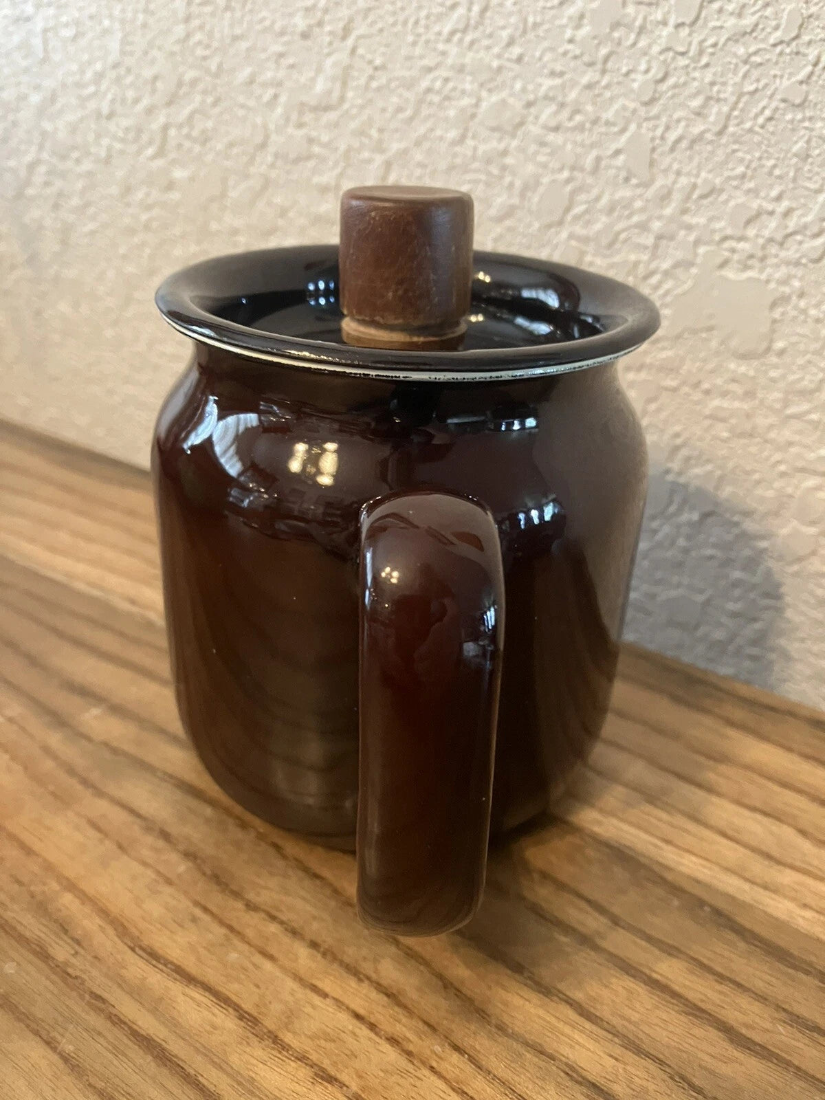 Brown Enamelware Tea Pot Flaw See Last Pic For Small Crack In Wood Knob