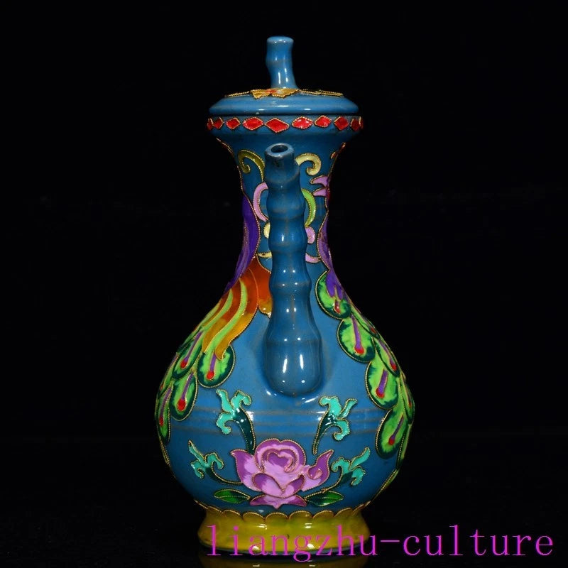 8.8"China song Dynasty ru kiln porcelain Enamel Peacock bird flagon Teapot pot